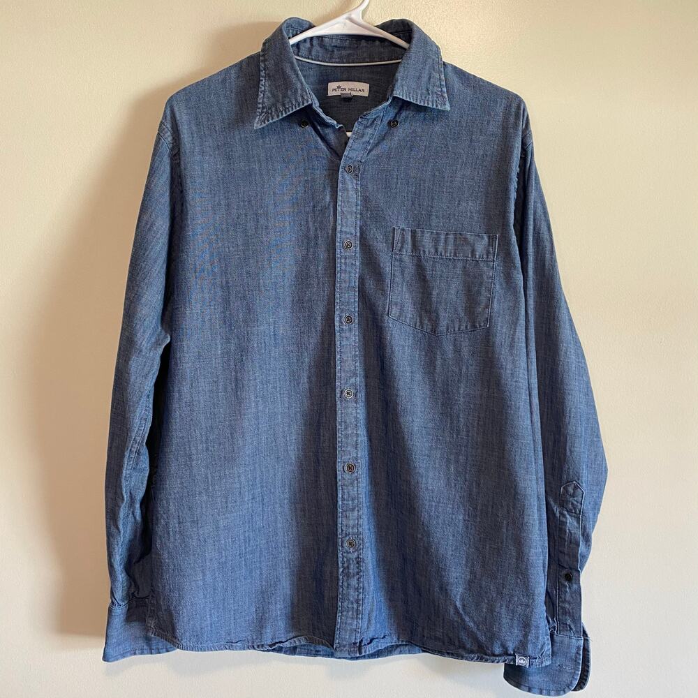 Peter Millar Men's M Blue Tamworth Chambray Cotton Stretch Sport Button Shirt